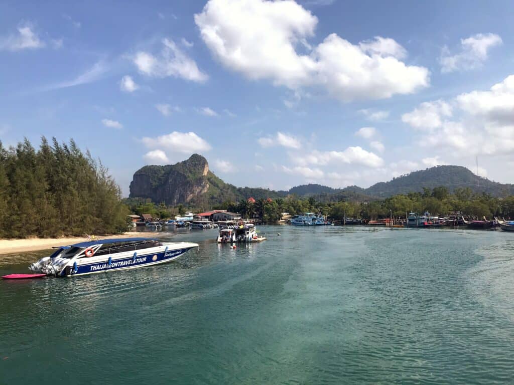 Aon Nang waterfront with boats. Where to Stay in Krabi