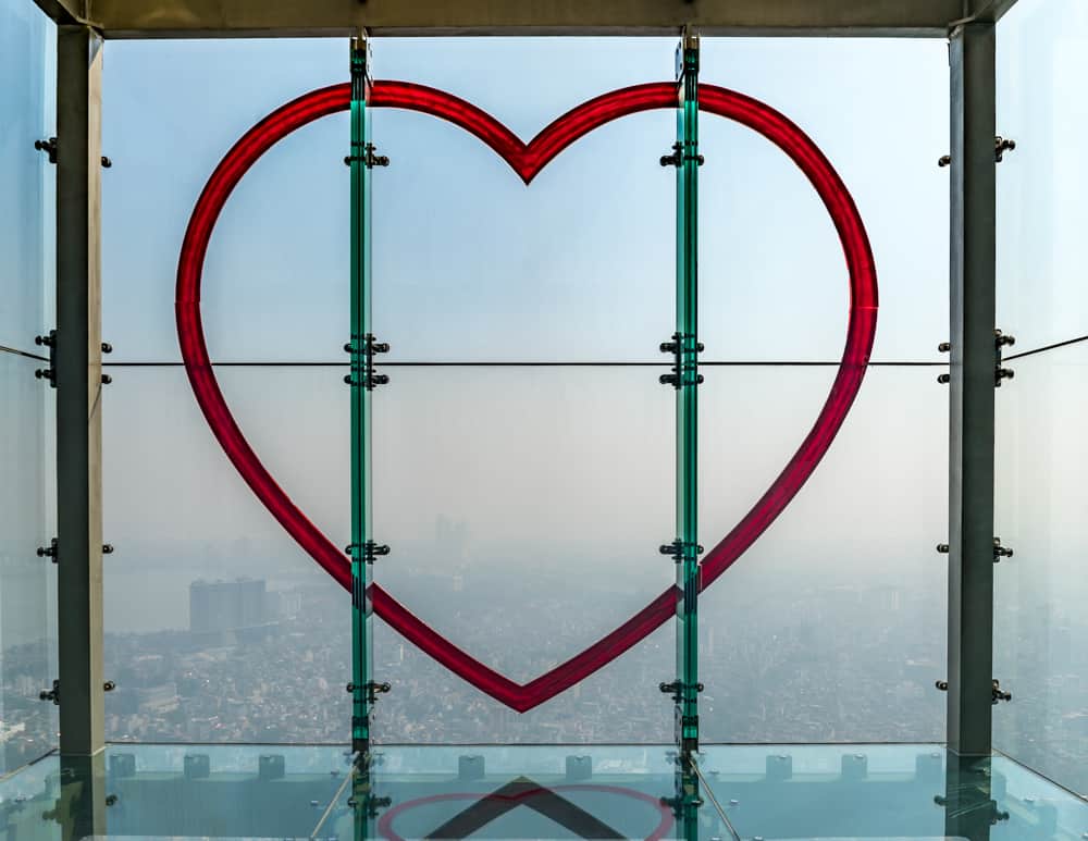 Heart on glass window high up the Lotte Tower in Hanoi