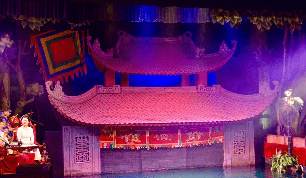 Oriental temple that forms the backdrop to the water puppet theatre in Hanoi