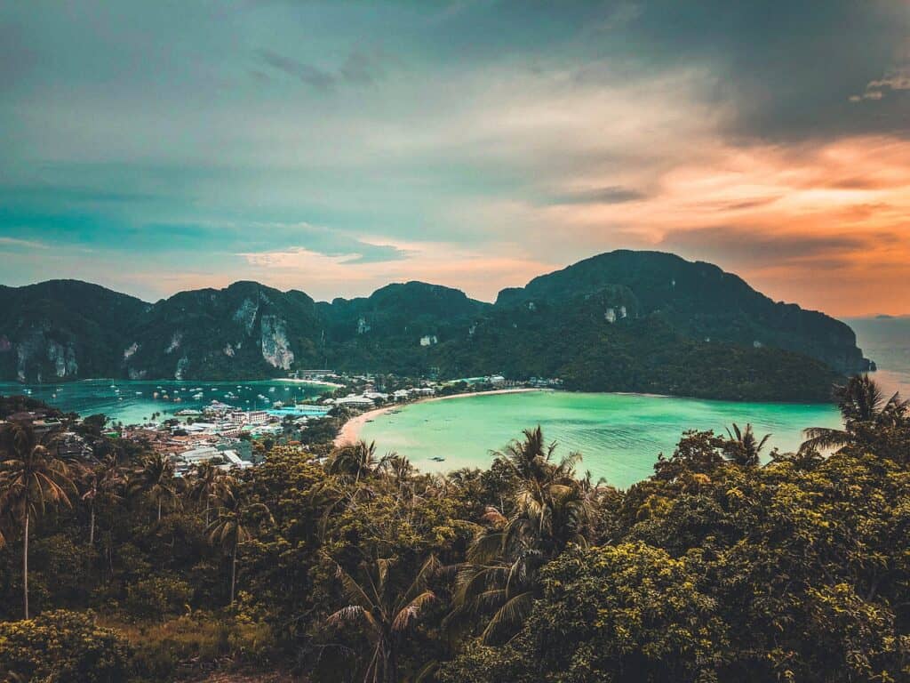 Viewpoint at Koh Phi, beach with mountains behind. Visited on a daytrip from Phuket with kids