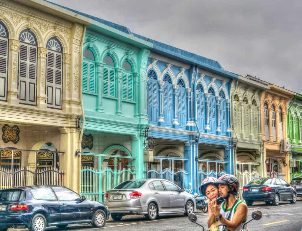 Colourful buildings in Old Town Phuket with Kids