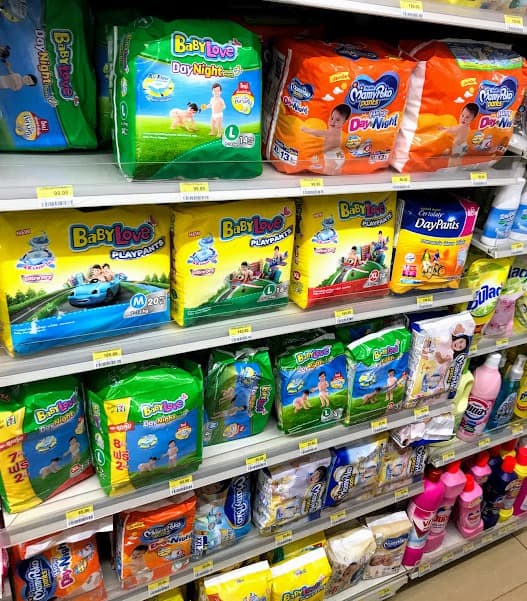 Selection of nappies available in Thailand for a Baby