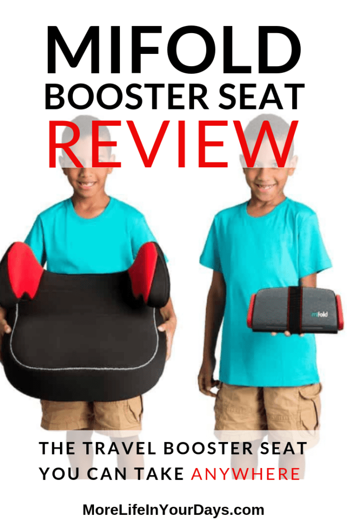 Mifold review image of boy wih normal booster seat and tiny Mifold version