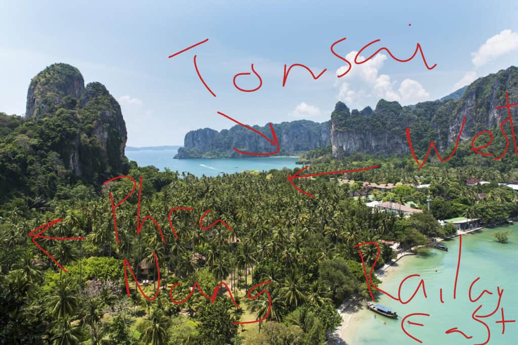 Overview of the beaches in Railay with text overlaid on aerial image