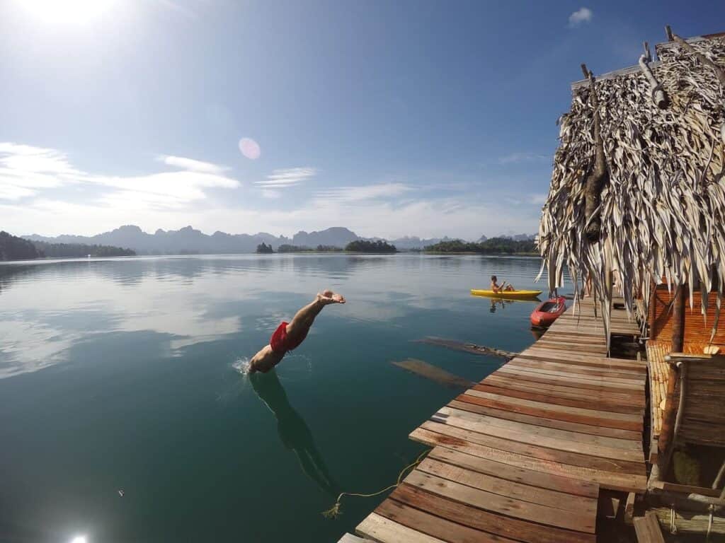 diving from a Khao Sok floating bungalow